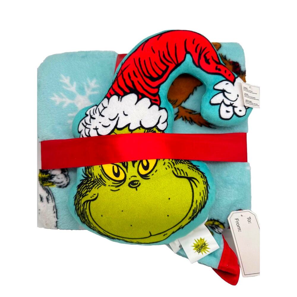RARE NEW Dr. Seuss The Grinch Max Pillow Fleece Throw Blanket SET 40x50" NWT Bed